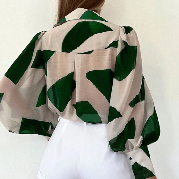 Green Casual Women's Contrast Color Print Lantern Sleeve Blouse Cloth - Picture 2 of 7